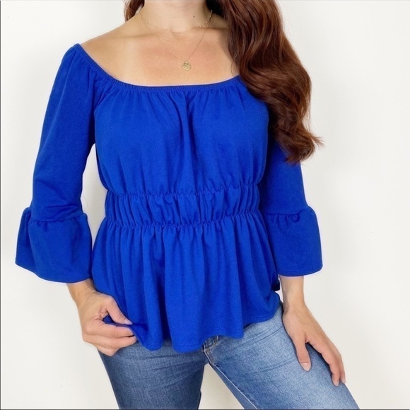 NWT THYME & HONEY Blue Off Shoulder Boho Blouse Medium Bohemian Top - Picture 1 of 7